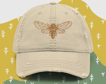 Embroidered Moth Cottagecore Distressed Dad Hat, Outdoor Lover Granola Girl Aesthetic Moth Hat