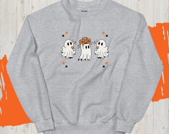 Sudadera con cuello redondo de fantasma de Halloween, linda camiseta de fiesta de fantasmas, sudadera con capucha de Halloween para mujer, linda camiseta de otoño, camiseta de temporada espeluznante, regalo de Halloween