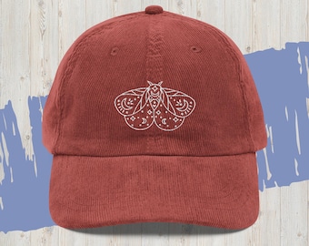 Vintage Moth Cottagecore Embroidered Corduroy Vintage Hat, Cottagecore Butterfly Unisex Dad Hat, Granola Girl Aestheitc