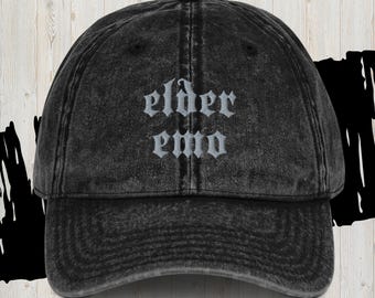 Elder Emo Embroidered Vintage Cotton Twill Cap, Emo Hat