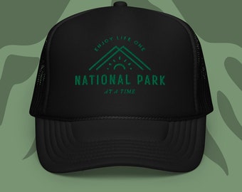 Enjoy Life One National Park At a Time Embroidered Trucker Hat, Granola Girl Outdoor Lover Hat, Nature Lover Gift, Trendy Summer Trucker Hat