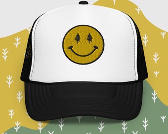 Tree Hugger Smiley Embroidered Trucker Hat, Granola Girl Aesthetic Outdoor Lover Gift