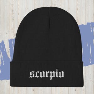 Scorpio Embroidered Beanie, Emo Rock and Roll Zodiac Winter Hat, Astrology Lover Gift