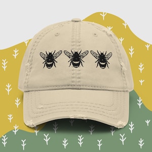 Embroidered Bumble Bee Cottagecore Distressed Dad Hat, Outdoor Lover Granola Girl Aesthetic Bee Hat