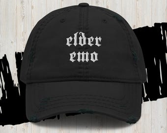 Elder Emo Embroidered Distressed Dad Hat, Emo Embroidered Cap