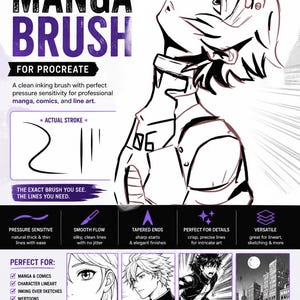 May include: A digital product advertisement for The Manga Brush for Procreate. The graphic features a black and white anime-style character illustration, text detailing brush features like pressure sensitivity, and examples of line art.