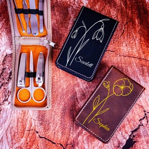 Personalized Manicure Set, Leather Manicure Set, Birth Flower Gift,  Grooming Set, Leather Beauty Case, Birth Flower Manicure set