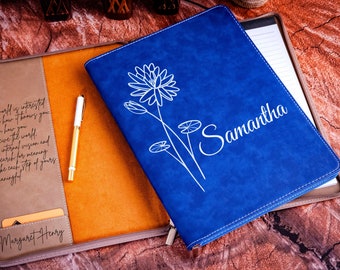 Birth Flower Gift Leather Zipper Portfolio, Personalized Flower Zipper Portfolio, Refillable Portfolio, Custom Birth Month Flower Gift
