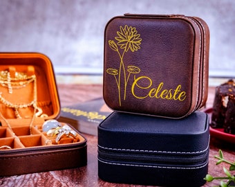 Vegan Leather Jewelry Case, Birth Flower Travel Jewelry Case, Custom Jewelry Case, Mini Travel Jewelry Box, Birth Month Flower Gift