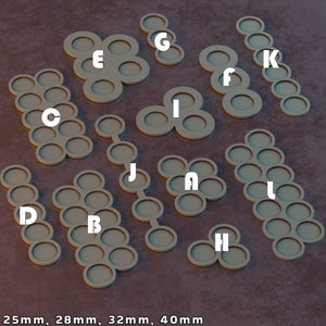 May include: A collection of beige-colored gaming bases in various shapes and sizes. The bases are labeled with letters and are designed to hold miniatures. The image also includes size options: 25mm, 28mm, 32mm, and 40mm.