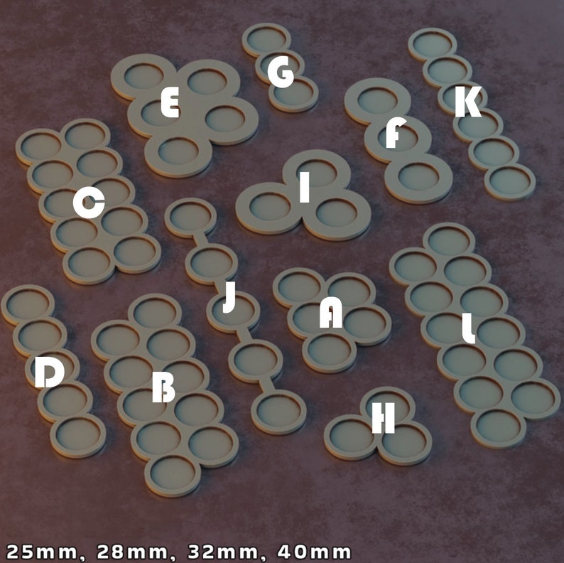 May include: A collection of beige-colored gaming bases in various shapes and sizes. The bases are labeled with letters and are designed to hold miniatures. The image also includes size options: 25mm, 28mm, 32mm, and 40mm.