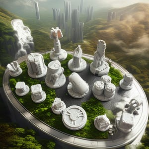 Puede incluir: Una colección de 18 edificios en miniatura impresos en 3D de color blanco, dispuestos en una plataforma circular con una superficie de musgo verde. Los edificios son futuristas y de diseño geométrico, con diversas formas y tamaños. La plataforma está rodeada por un borde blanco y se asienta sobre una superficie de hierba verde. En el fondo, un paisaje urbano de edificios altos y esbeltos se eleva sobre un paisaje brumoso.