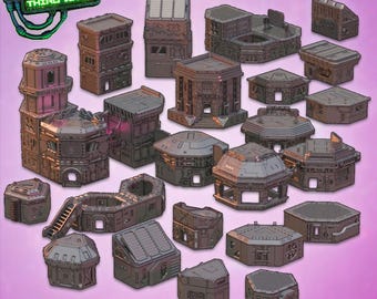 May include: A set of 3D printed modular city buildings in a gray color. The set includes a variety of buildings with different shapes and sizes. The buildings are designed to be used in tabletop games and other creative projects. The text "CORE SET 100+ ITEMS" is visible at the top of the image.
