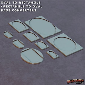 May include: A set of nine oval and rectangular plastic base converters for miniature figures. The converters are designed to allow figures to be used on different sized bases.