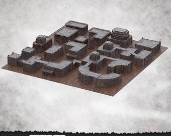 Pode incluir: Um conjunto de terreno modular para jogos de mesa com um layout de cidade. O conjunto inclui vários edifícios, fortificações e caminhos, todos em cinza escuro. A base é marrom. O texto "Beyond the Trenches of Despair" está na parte inferior.