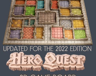 以下が含まれることがあります： Hero Questの3Dゲームボード。様々な色の部屋と廊下を備えたモジュール設計。ボードは石のような素材で作られており、「UPDATED FOR THE 2022 EDITION」と「Hero Quest 3D GAME BOARD」の文字が含まれています。