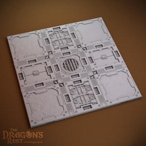 May include: A white, textured, square tile with a grid pattern and a circular vent in the centre. The tile is designed for use in tabletop gaming.