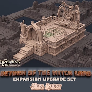 May include: A detailed, beige-colored miniature castle structure with a skull-adorned tower, arched doorways, and a staircase. The text "RETURN OF THE WITCH LORD" and "EXPANSION UPGRADE SET" are displayed below the castle. The product is for "HERO QUEST".