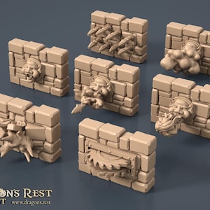 May include: A set of beige miniature dungeon wall sections, each with unique sculpted details. Some walls feature spikes, faces, or a circular saw. The Dragon's Rest Quest logo is displayed at the bottom.