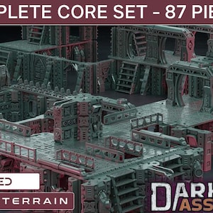 Puede incluir: Un conjunto de terreno impreso en 3D, de ajuste a presión, con 87 piezas. El conjunto presenta un diseño industrial complejo con múltiples niveles, pasarelas y estructuras. La combinación de colores es principalmente gris y rojo, con el texto "COMPLETE CORE SET - 87 PIECES" y "DARKHYVE ASSAULT".