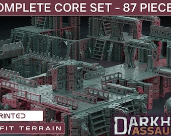 May include: A 3D-printed, push-fit terrain set with 87 pieces. The set features a complex, industrial design with multiple levels, walkways, and structures. The color scheme is primarily gray and red, with the text "COMPLETE CORE SET - 87 PIECES" and "DARKHYVE ASSAULT".