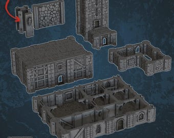 Puede incluir: Un conjunto de piezas de terreno en miniatura grises de castillos y aldeas. El conjunto incluye muros, torres y edificios con texturas detalladas y características arquitectónicas. El texto "Push Fit Connection" es visible.