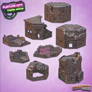 Peut inclure: Un ensemble de sept pièces de bâtiments en ruine grises, détaillées, futuristes, pour un jeu de table ou un jeu de guerre miniature. Les pièces sont en plastique et ont un aspect vieilli et délabré. Les pièces sont étiquetées "Flatline City Third Wave".