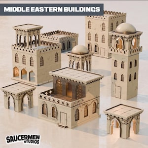 Puede incluir: Un conjunto de edificios en miniatura del Medio Oriente en varios tamaños y formas. Los edificios son de color beige con intrincados detalles arquitectónicos, incluyendo puertas arqueadas, ventanas y tejados abovedados. El texto "MIDDLE EASTERN BUILDINGS" está en la parte superior.