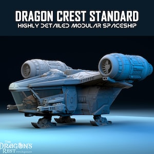 May include: A grey, detailed, modular spaceship model with the text "Dragon Crest Standard" and "Highly Detailed Modular Spaceship" on the top. The spaceship has two large engines at the rear and a cockpit at the front.