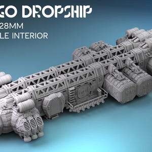 May include: A gray 28mm scale cargo dropship model with a playable interior. The model is detailed with a cockpit, cargo bays, and engines.