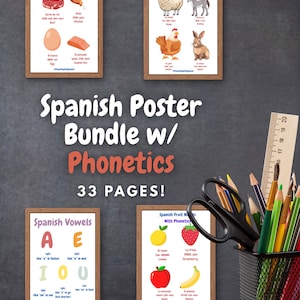 Bilingual Spanish Printable Poster Bundle with PHONETICS for Kids- Farm Animals, Food, Parts of the Body, Numbers, Alphabet, Colors & More
