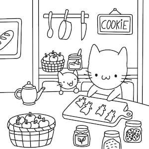 Op de afbeelding: Een zwart-witte lijntekening van twee katten in een keuken. Eén kat staat aan een tafel met een snijplank vol diervormige koekjes, terwijl een kleinere kat over de tafel kijkt. Een mand met appels, een theepot en potten zijn aanwezig.