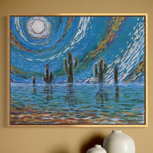 Desert Lake Reflection of Saguaro Cactus (Original Painting, Unframed, Ready to Hang)