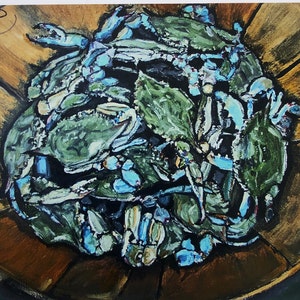 High quality signed art print of original oil painting, basket of Maryland Blue Crabs