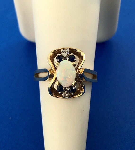 Retro 14K Yellow Gold Diamond Sapphire Opal Moder… - image 2