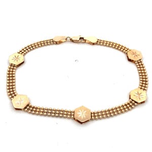 Estate 18K Yellow Gold Beaded Link Chain Hexagon Flower Design Station Bracelet