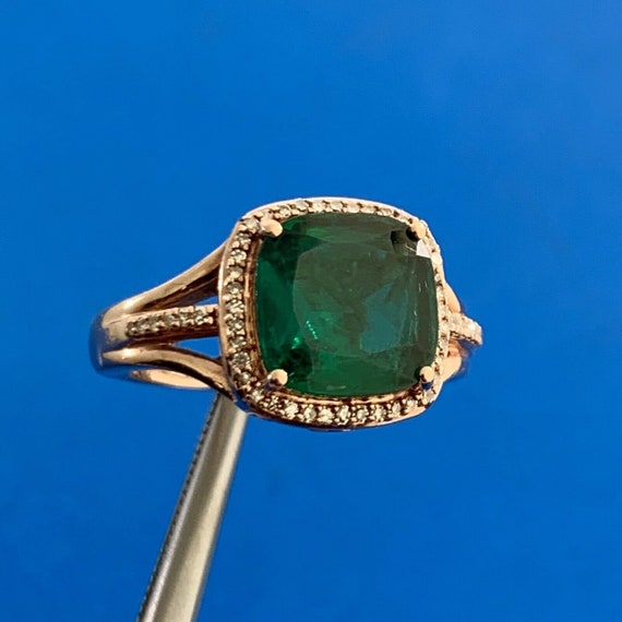 14K Rose Gold Princess Cut Emerald Pave Diamond H… - image 1