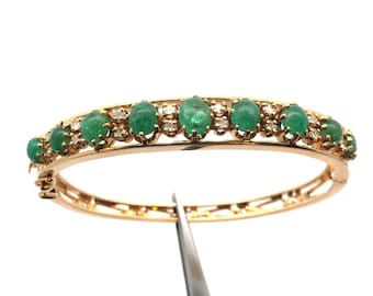 Designer 14k Yellow Gold Cabochon Emerald Diamond Hinged Cuff Bangle Bracelet