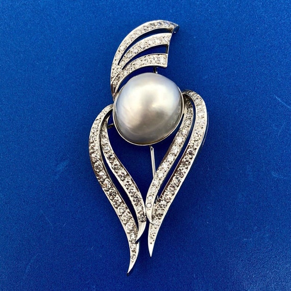 Art Deco 18K White Gold Diamond Gray Mabe Pearl D… - image 2