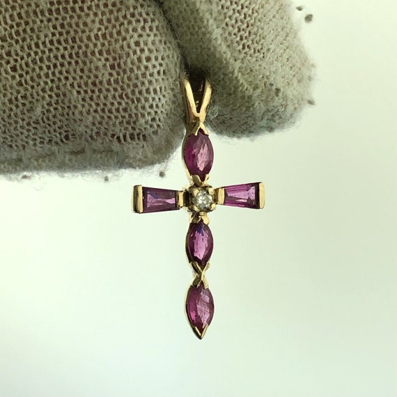 Vintage 14K Yellow Gold Ruby Diamond Cross Religi… - image 4