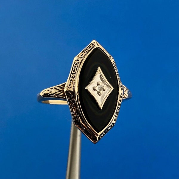 Art Deco Plainville Stock Co PSCo 10K Yellow Gold Black Onyx Diamond Ring