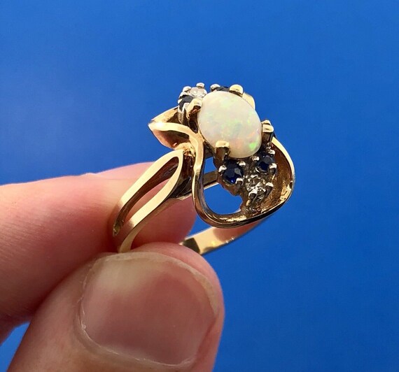 Retro 14K Yellow Gold Diamond Sapphire Opal Moder… - image 7