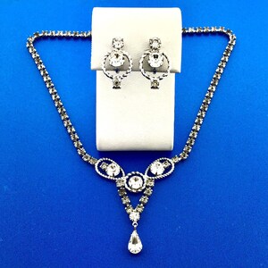 Vintage Silber Ton Strass Choker Halskette Ohrringe Braut Abend Set