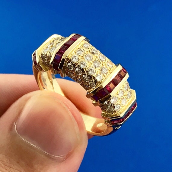 Modern 14k Yellow Gold Diamond & Ruby Cocktail Ri… - image 6