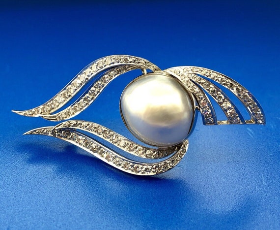 Art Deco 18K White Gold Diamond Gray Mabe Pearl D… - image 7