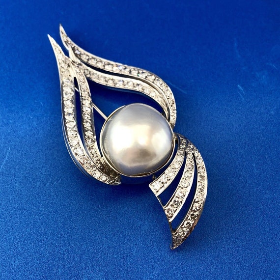 Art Deco 18K White Gold Diamond Gray Mabe Pearl D… - image 3