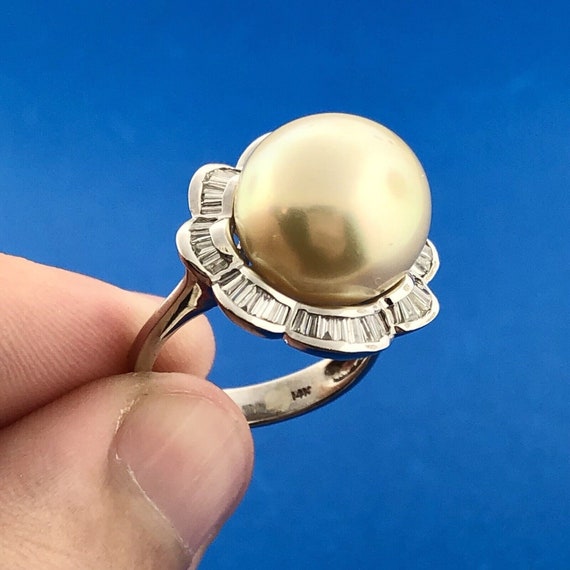 Stunning Estate 14K White Gold Pearl Diamond Bague