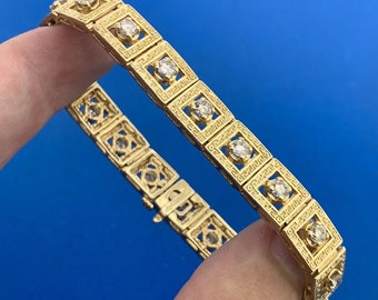 Designer 14K Yellow Gold Round Diamond Square Openwork Panel Tennis Bracelet