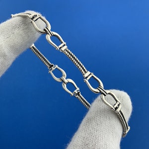 Vintage 925 Sterling Silver Belt Buckle Station Ribbed Bar Link Chain Bracelet