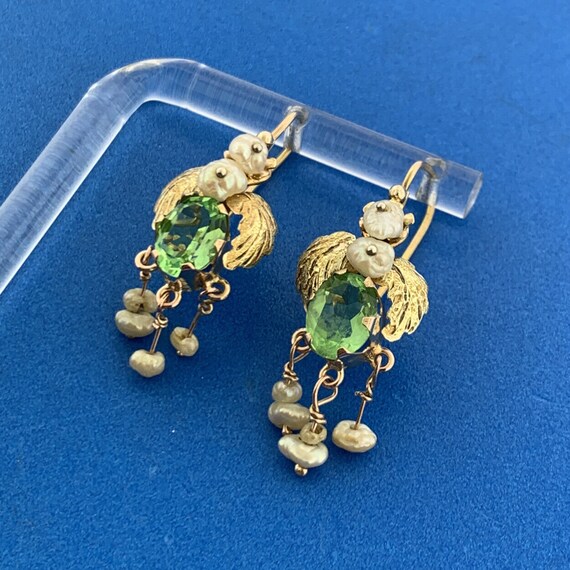 Art Nouveau 10K Yellow Gold Green Glass Baroque P… - image 2